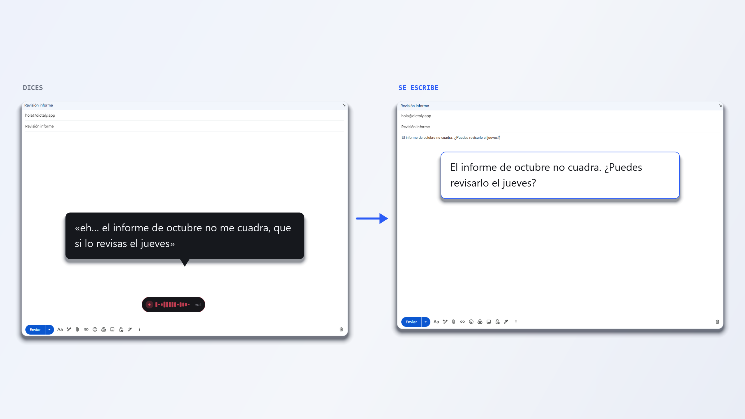 A la izquierda, un correo vacío con Dictaly escuchando: se dice «eh… el
                informe de octubre no me cuadra, que si lo revisas el jueves». A la
                derecha, el mismo correo con el texto ya redactado: «El informe de
                octubre no cuadra. ¿Puedes revisarlo el jueves?»