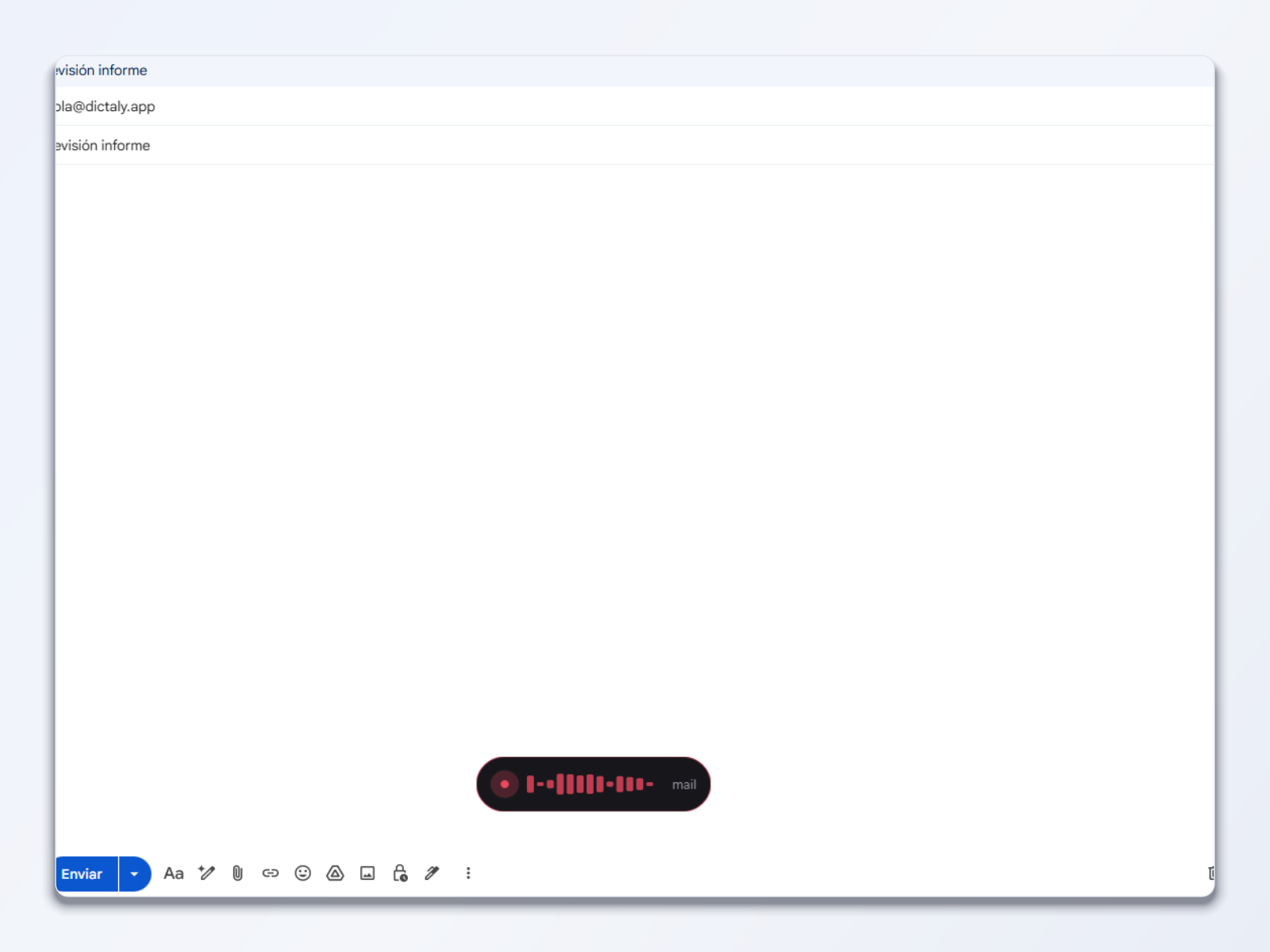 Un correo en blanco con la burbuja de Dictaly mostrando la onda de voz mientras se habla.